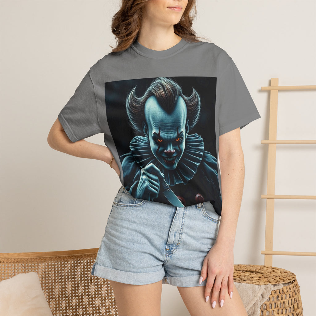 Horror Clown Knife T-Shirt – Creepy Blue Pennywise-Style Graphic Tee for Halloween