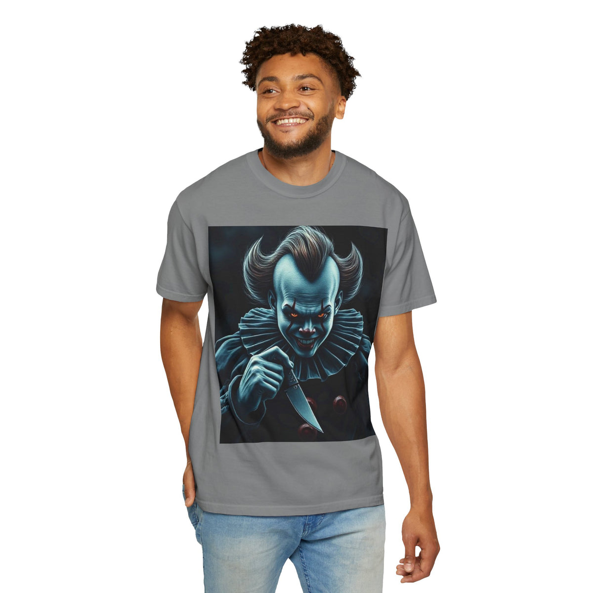 Horror Clown Knife T-Shirt – Creepy Blue Pennywise-Style Graphic Tee for Halloween