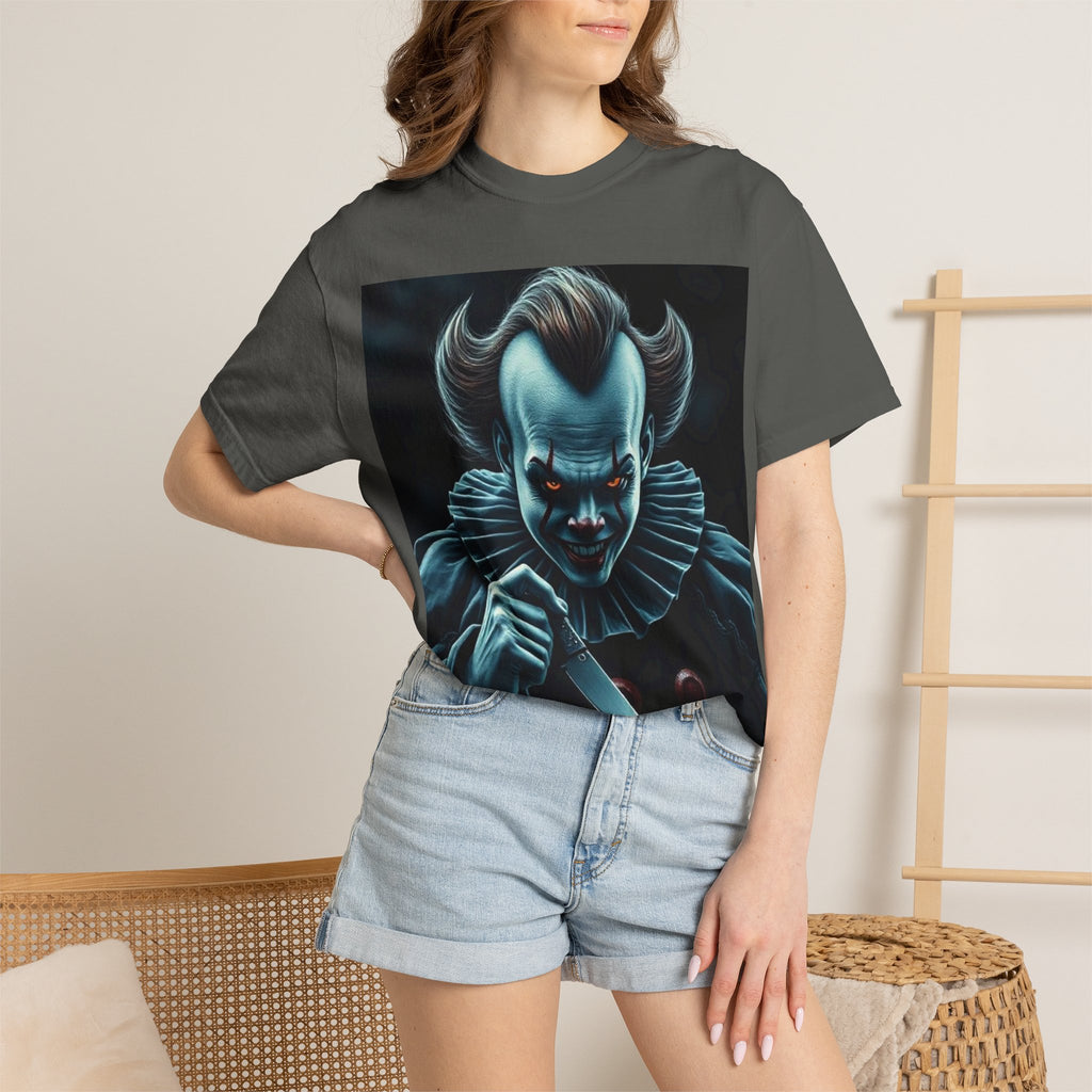 Horror Clown Knife T-Shirt – Creepy Blue Pennywise-Style Graphic Tee for Halloween