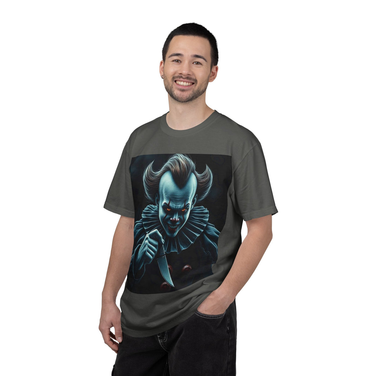 Horror Clown Knife T-Shirt – Creepy Blue Pennywise-Style Graphic Tee for Halloween