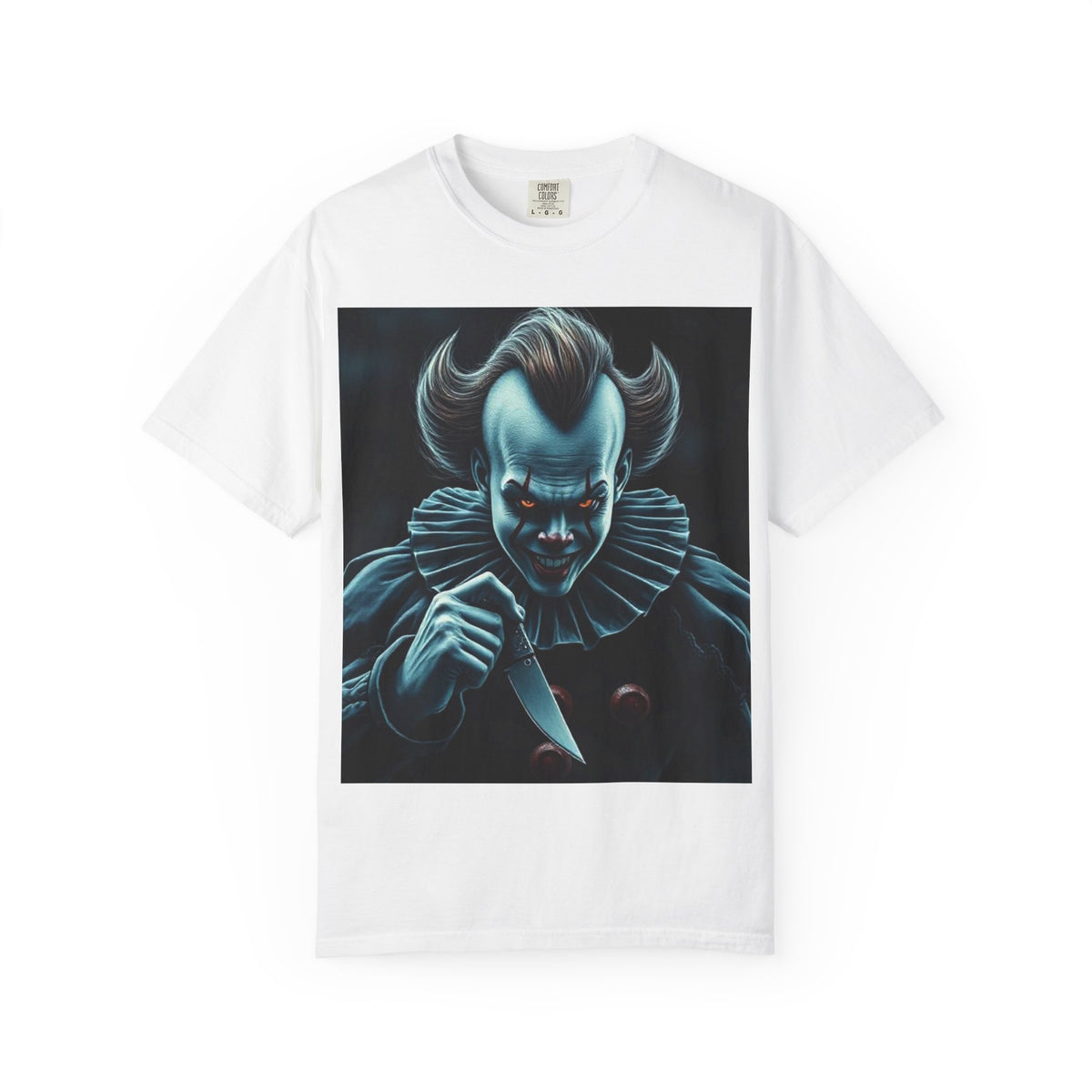 Horror Clown Knife T-Shirt – Creepy Blue Pennywise-Style Graphic Tee for Halloween
