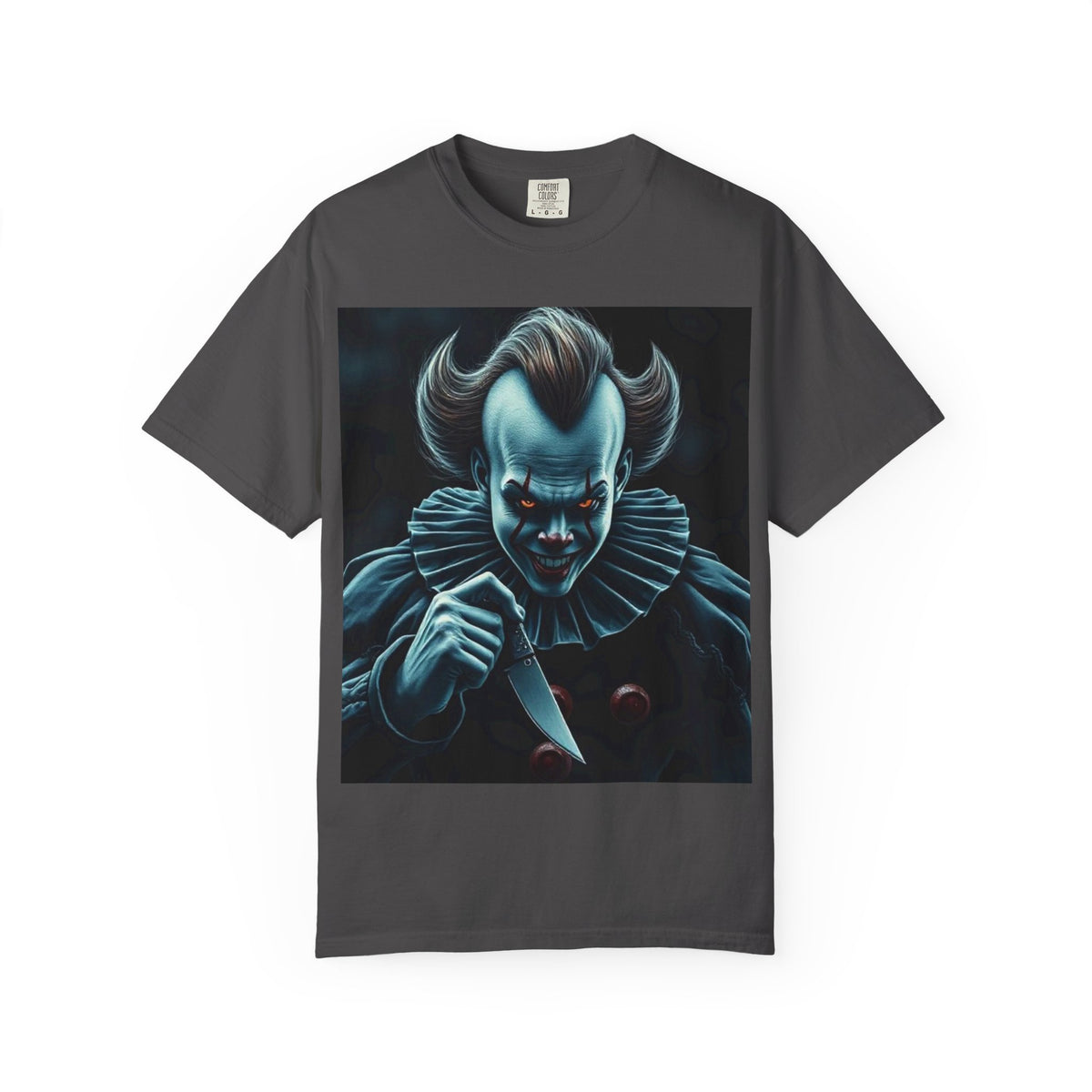 Horror Clown Knife T-Shirt – Creepy Blue Pennywise-Style Graphic Tee for Halloween