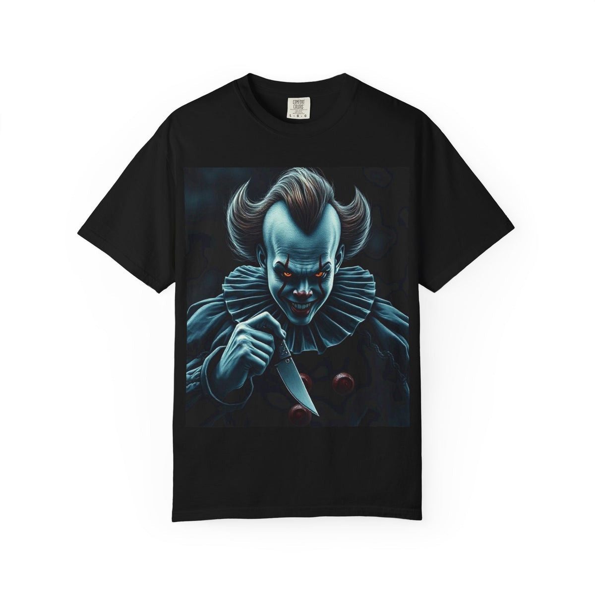 Horror Clown Knife T-Shirt – Creepy Blue Pennywise-Style Graphic Tee for Halloween