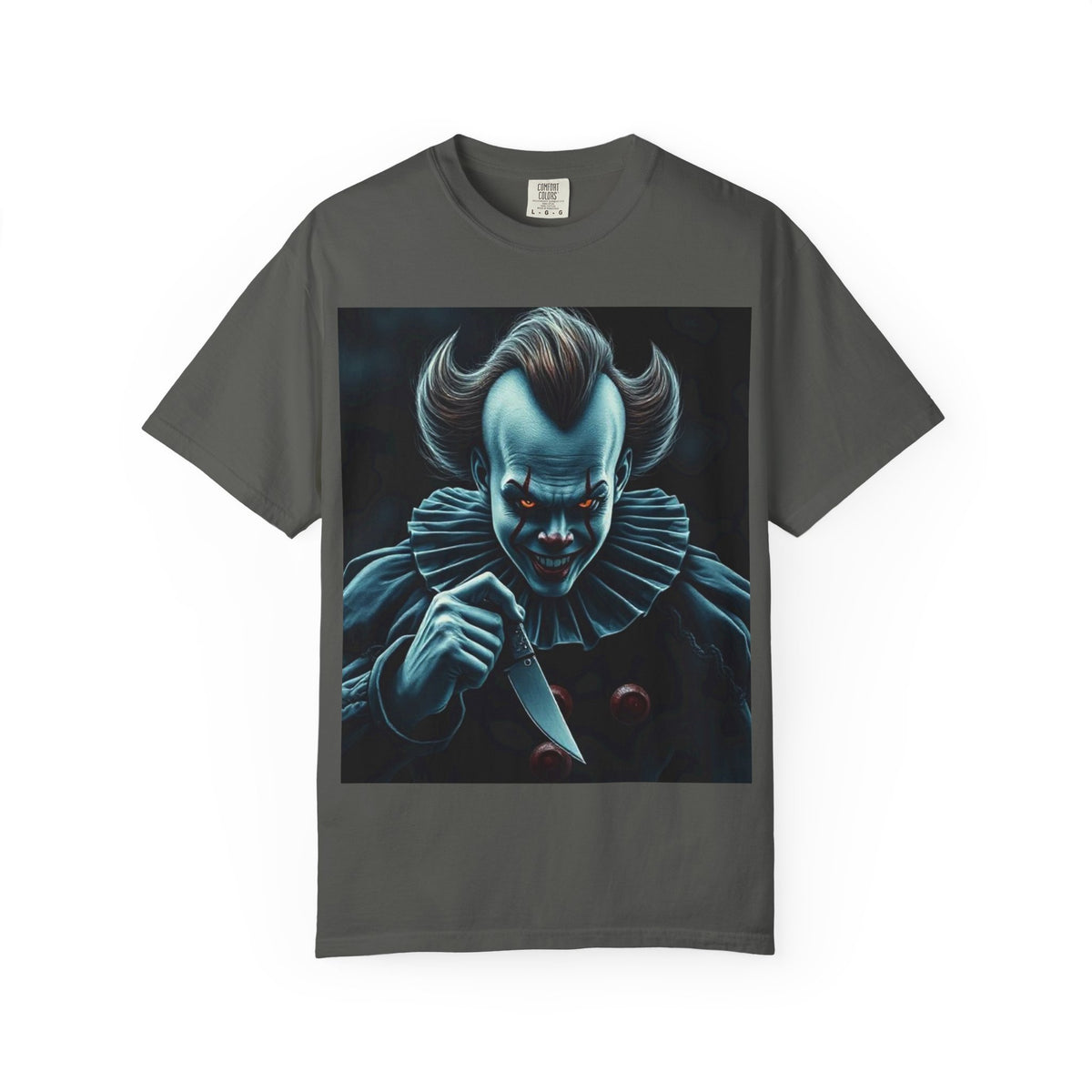 Horror Clown Knife T-Shirt – Creepy Blue Pennywise-Style Graphic Tee for Halloween