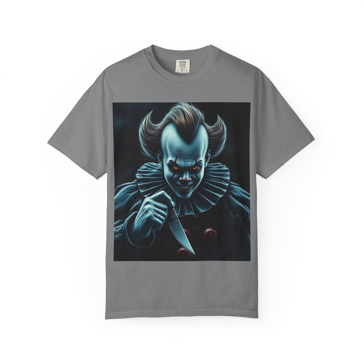Horror Clown Knife T-Shirt – Creepy Blue Pennywise-Style Graphic Tee for Halloween