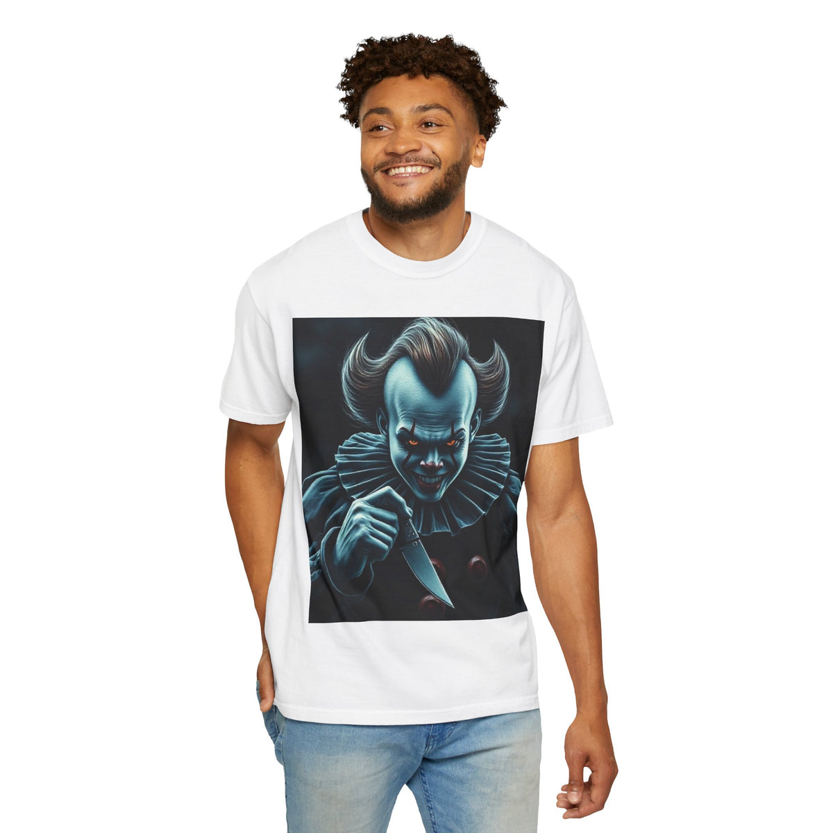 Horror Clown Knife T-Shirt – Creepy Blue Pennywise-Style Graphic Tee for Halloween