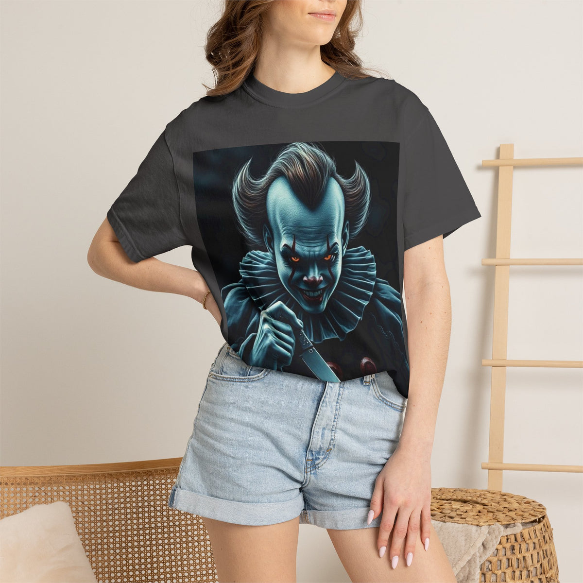 Horror Clown Knife T-Shirt – Creepy Blue Pennywise-Style Graphic Tee for Halloween