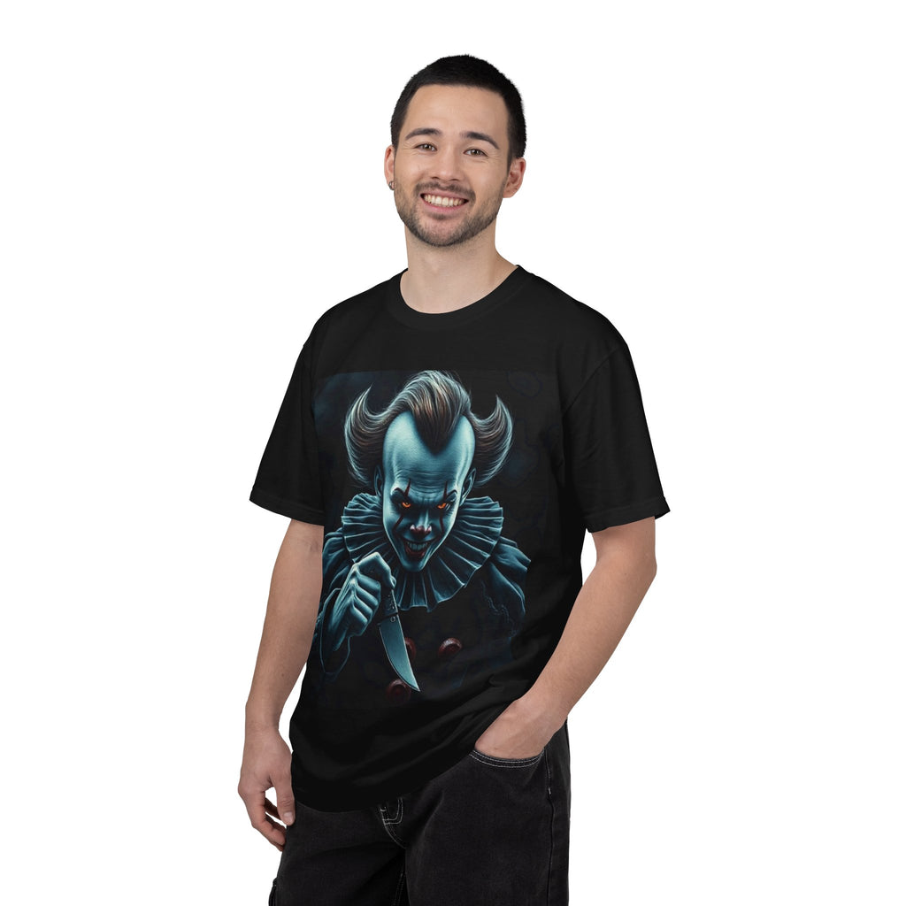 Horror Clown Knife T-Shirt – Creepy Blue Pennywise-Style Graphic Tee for Halloween