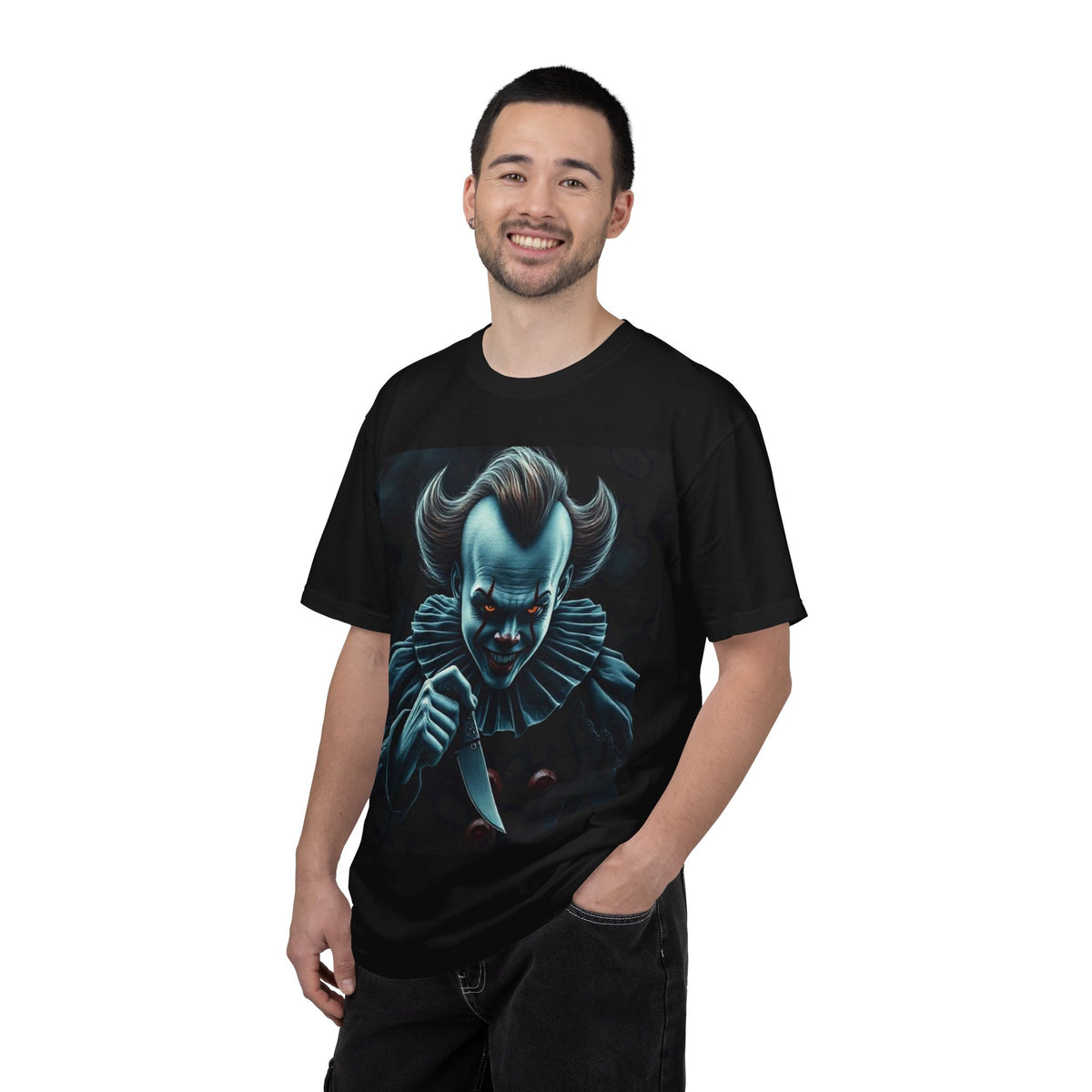 Horror Clown Knife T-Shirt – Creepy Blue Pennywise-Style Graphic Tee for Halloween