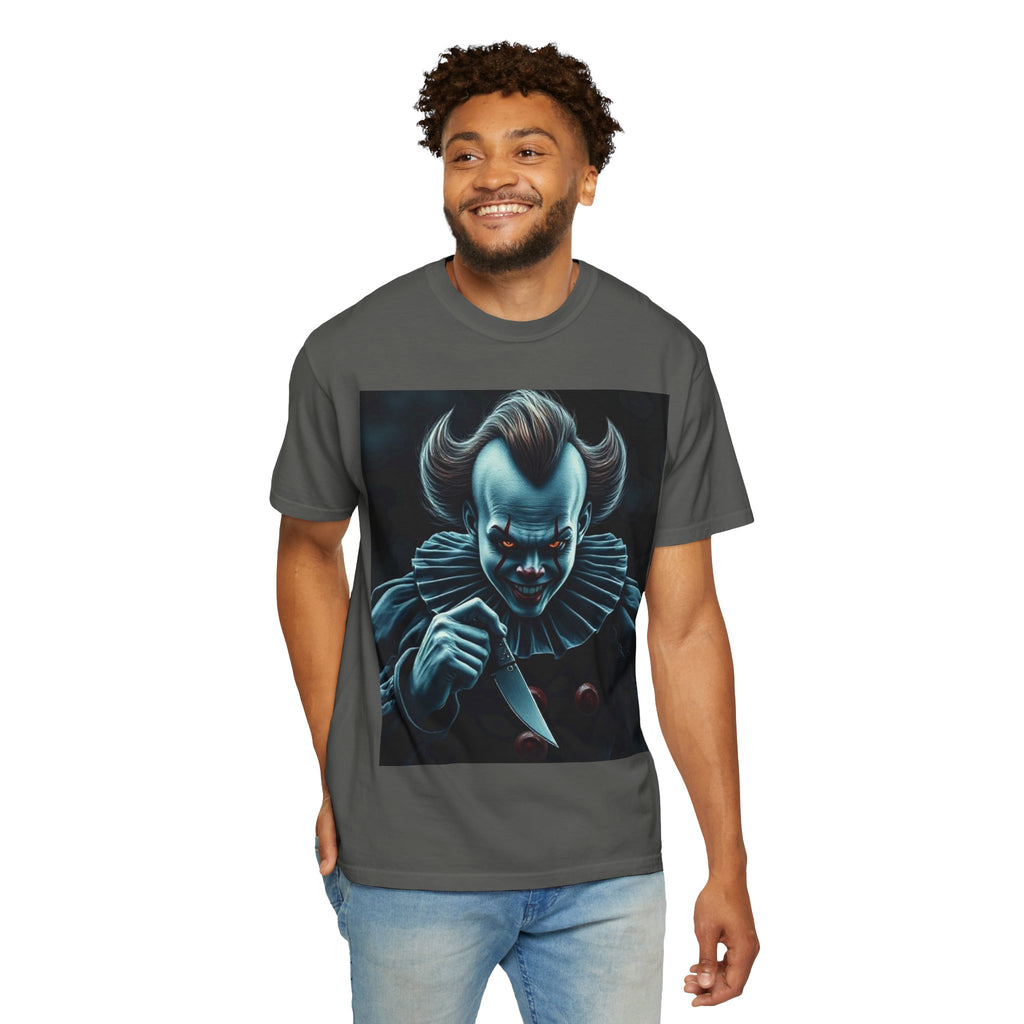 Horror Clown Knife T-Shirt – Creepy Blue Pennywise-Style Graphic Tee for Halloween