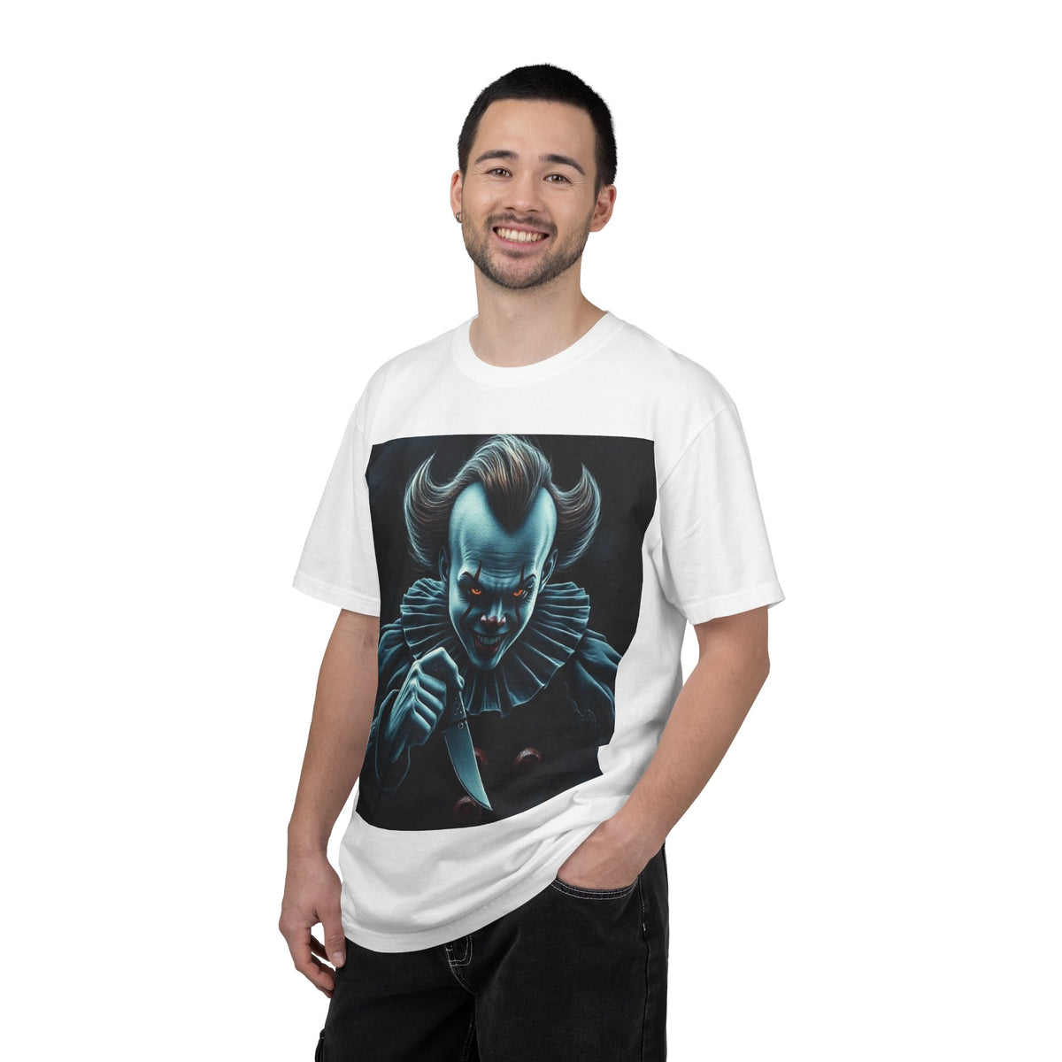 Horror Clown Knife T-Shirt – Creepy Blue Pennywise-Style Graphic Tee for Halloween