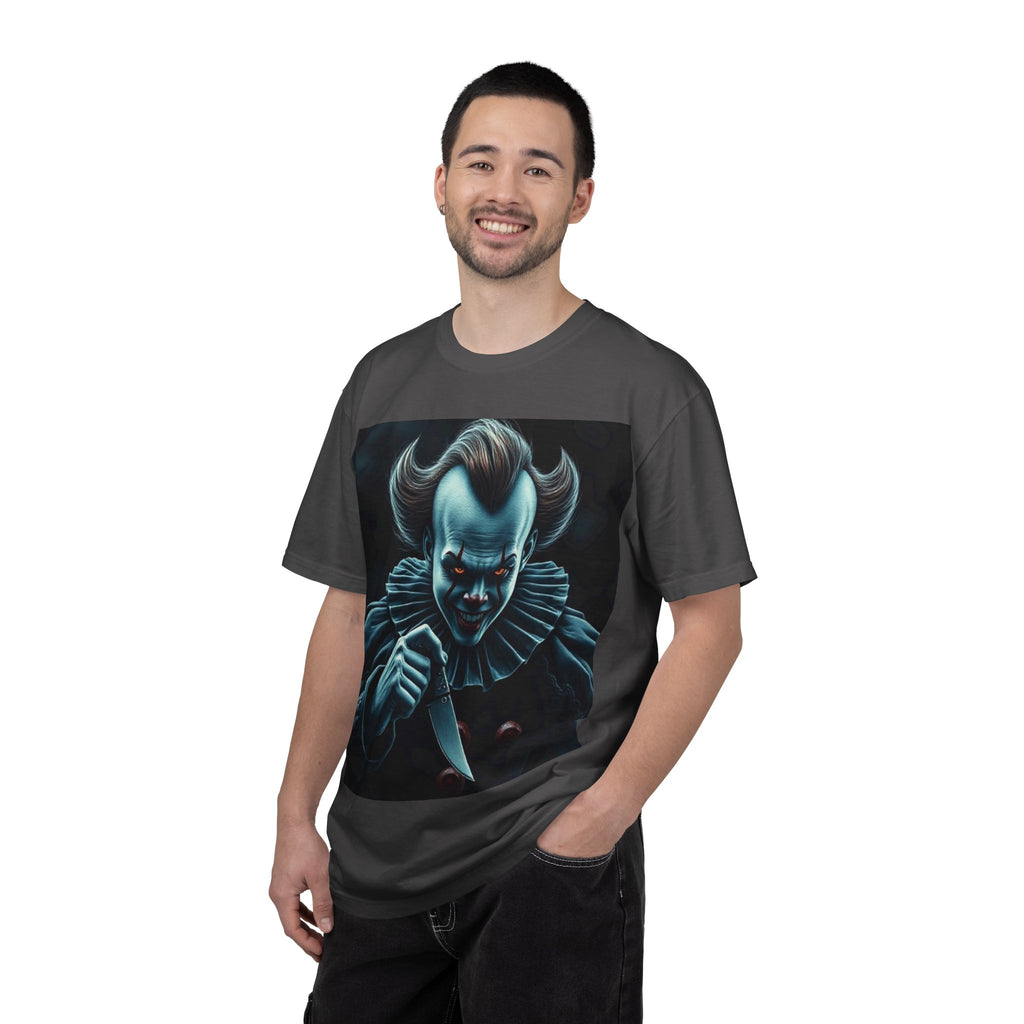 Horror Clown Knife T-Shirt – Creepy Blue Pennywise-Style Graphic Tee for Halloween