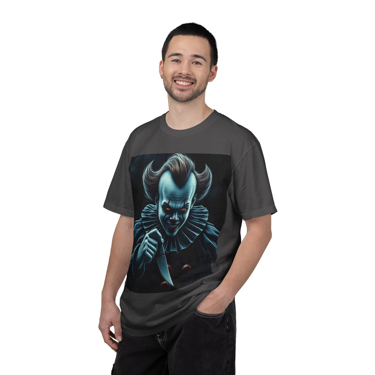 Horror Clown Knife T-Shirt – Creepy Blue Pennywise-Style Graphic Tee for Halloween