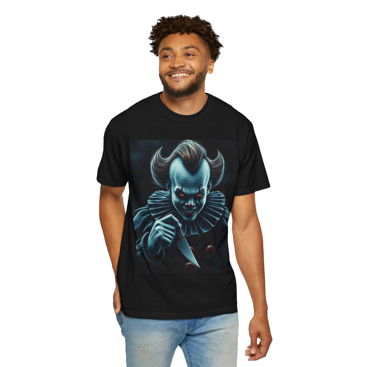 Horror Clown Knife T-Shirt – Creepy Blue Pennywise-Style Graphic Tee for Halloween