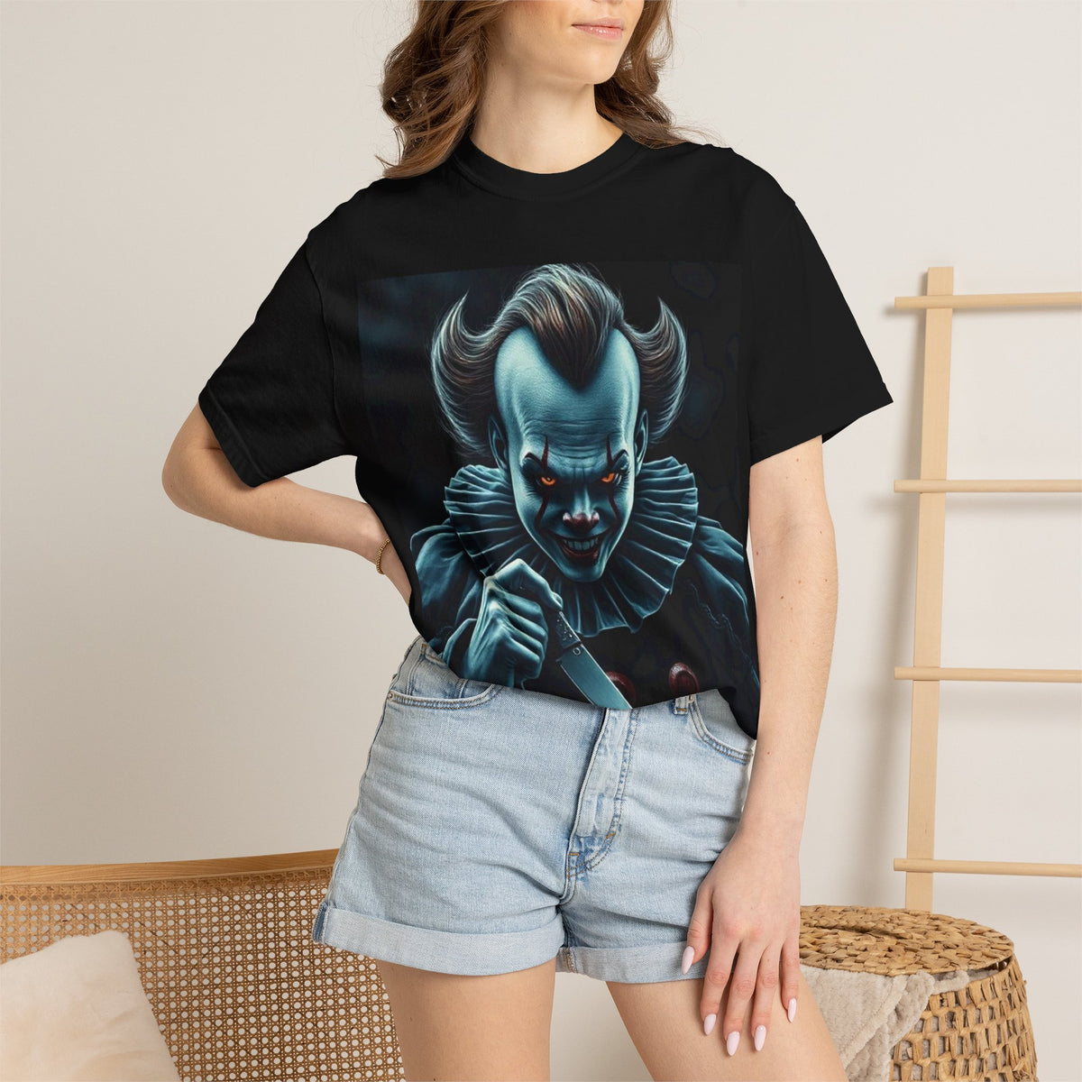 Horror Clown Knife T-Shirt – Creepy Blue Pennywise-Style Graphic Tee for Halloween