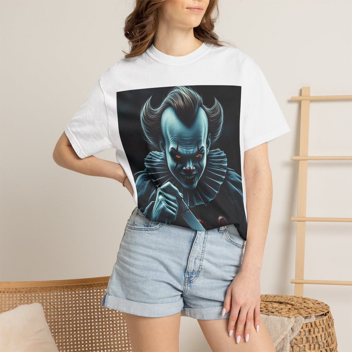 Horror Clown Knife T-Shirt – Creepy Blue Pennywise-Style Graphic Tee for Halloween