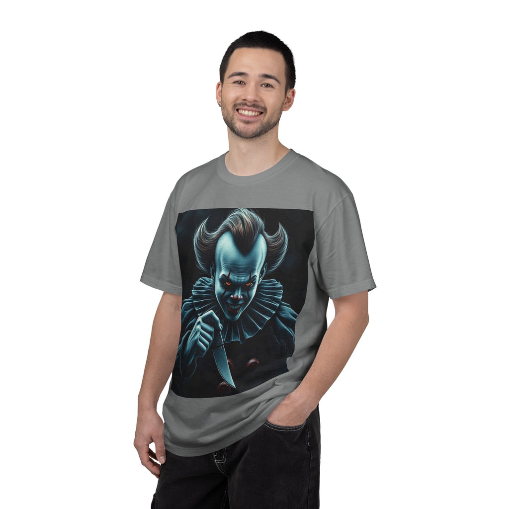 Horror Clown Knife T-Shirt – Creepy Blue Pennywise-Style Graphic Tee for Halloween